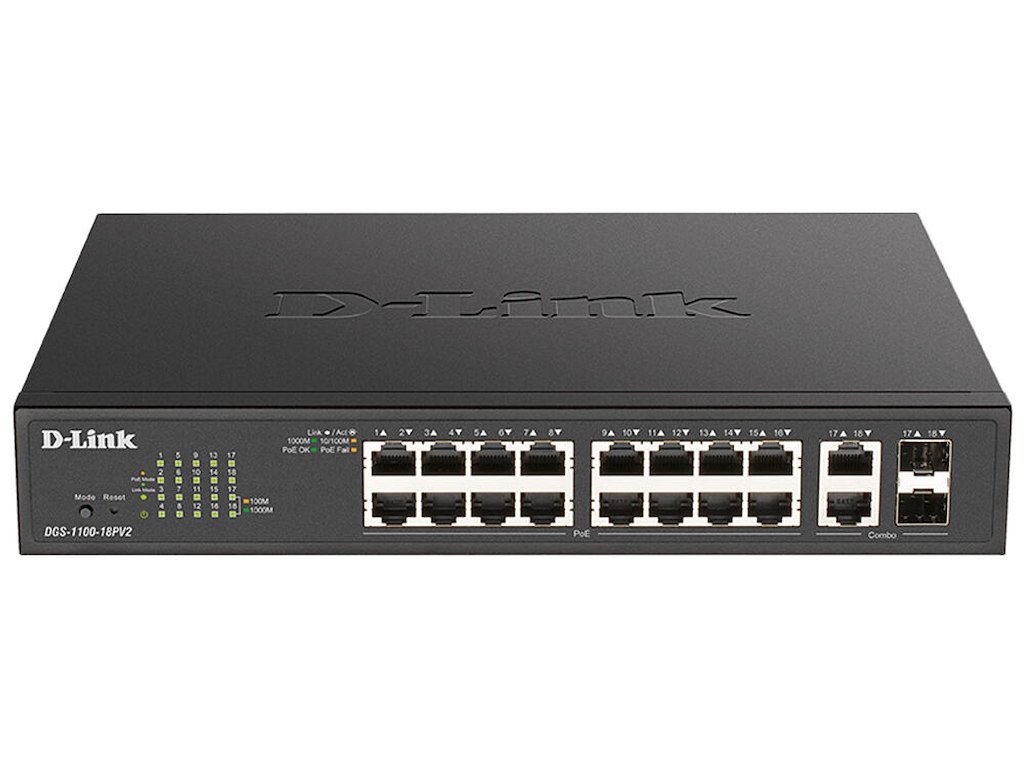 D-Link DGS-1100-18PV2 netværksswitch Administreret L2 Gigabit Ethernet (10/100/1000) Strøm over Ethernet (PoE) 1U Sort