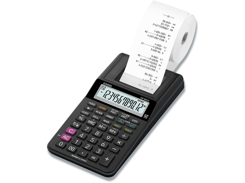 Regnemaskine, Med strimmel, 12 cifre, Casio HR-8RCE-BK