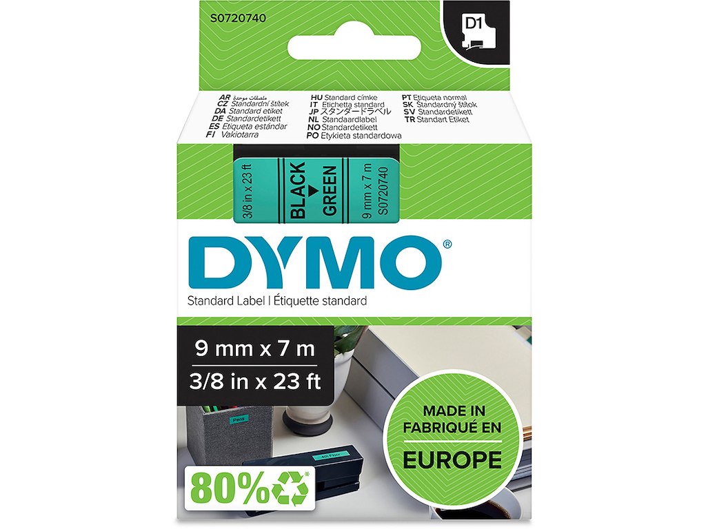 Labeltape, 9mm x 7m, Sort på Grøn, 1 rulle, Dymo D1 40919