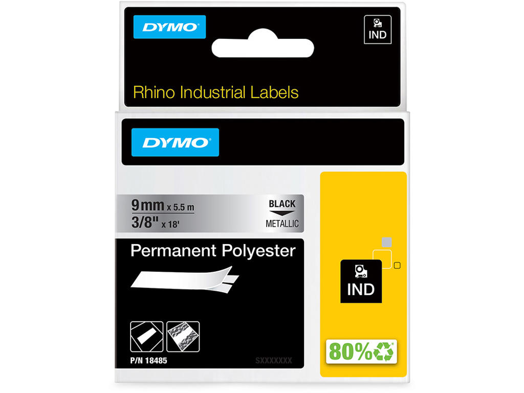 Labeltape, 9mm x 5.5m, Sort på Metallic, 1 rulle, Dymo Rhino Industri