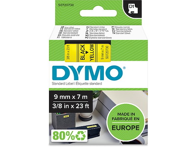 Labeltape, 9mm x 7m, Sort på Gul, 1 rulle, Dymo D1 40918