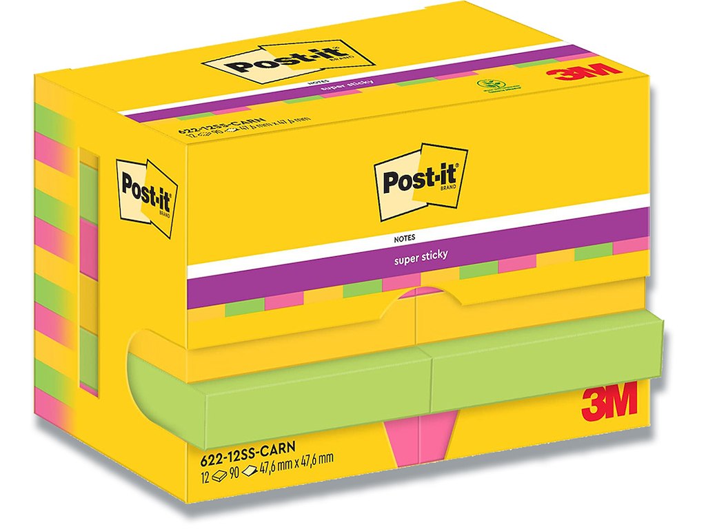 Memonotes, 47.6x47.6 mm, Assorteret Carnival, 12 blokke, Post-it Super Sticky