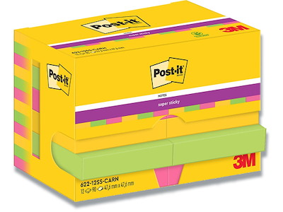 Memonotes, 47.6x47.6 mm, Assorteret Carnival, 12 blokke, Post-it Super Sticky