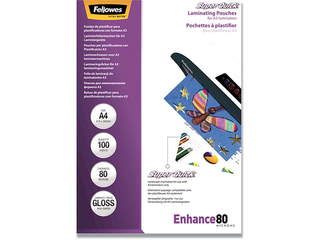 Lamineringslommer, A4, 216x303 mm, 80 micron, Fellowes HighSpeed