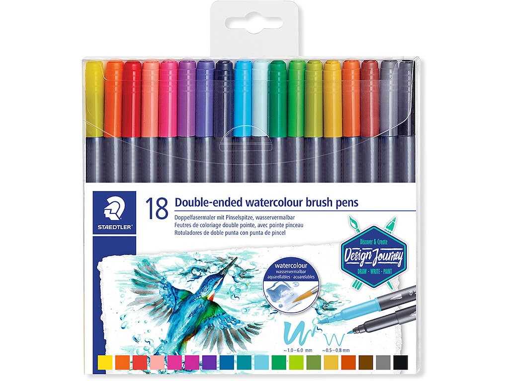 Fineliner, Assorterede farver, Brushpen, 18 stk, Staedtler Aquarel Brush Duo