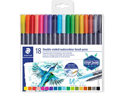Fineliner, Assorterede farver, Brushpen, 18 stk, Staedtler Aquarel Brush Duo