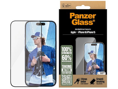 Skærmbeskyttelse, iPhone 15, iPhone 16, Transparant med sort ramme, PanzerGlass UWF