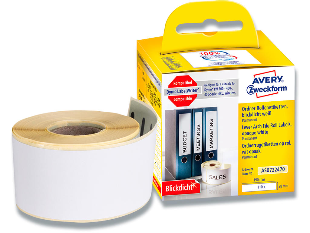 Labeletiketter, Universal, 38x190 mm, 1 rulle af 110 etiketter, Avery 99018