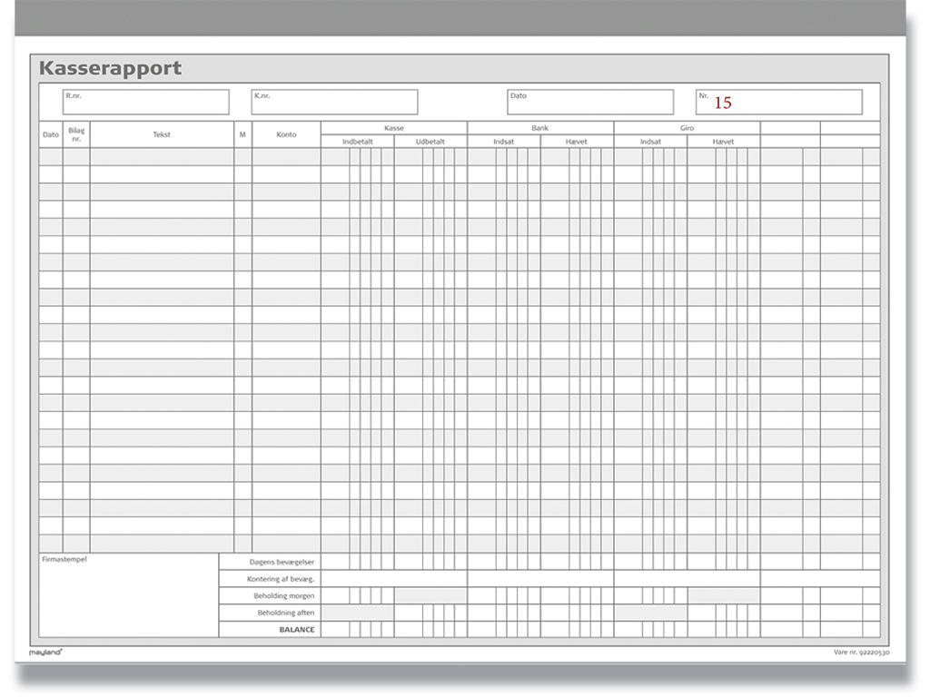 Kasserapport, Kasse-bank-giro+ekstra kolonne+bevægelser, 297x228 mm, 2x50 blade, Mayland 