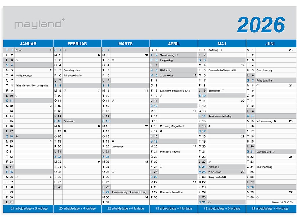 Vægkalender, 2026, A4, Kontor, Klassisk, 6 måneder pr. side, Mayland
