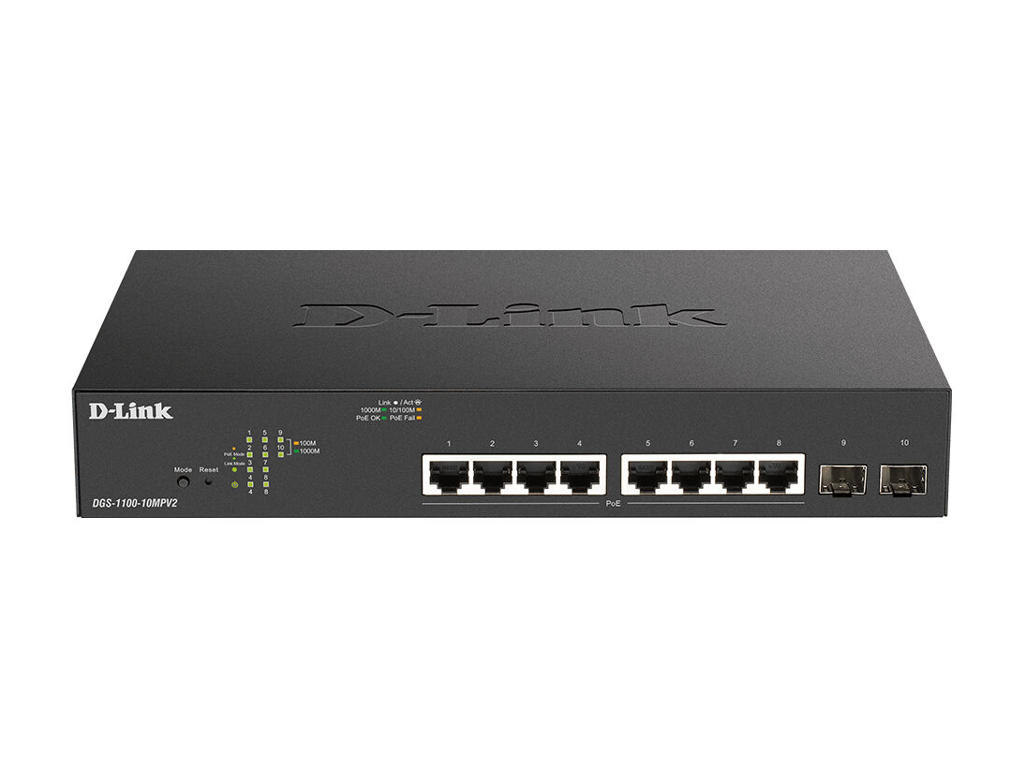 D-Link DGS-1100-10MPV2 Administreret L2 Gigabit Ethernet (10/100/1000) Strøm over Ethernet (PoE) 1U Sort
