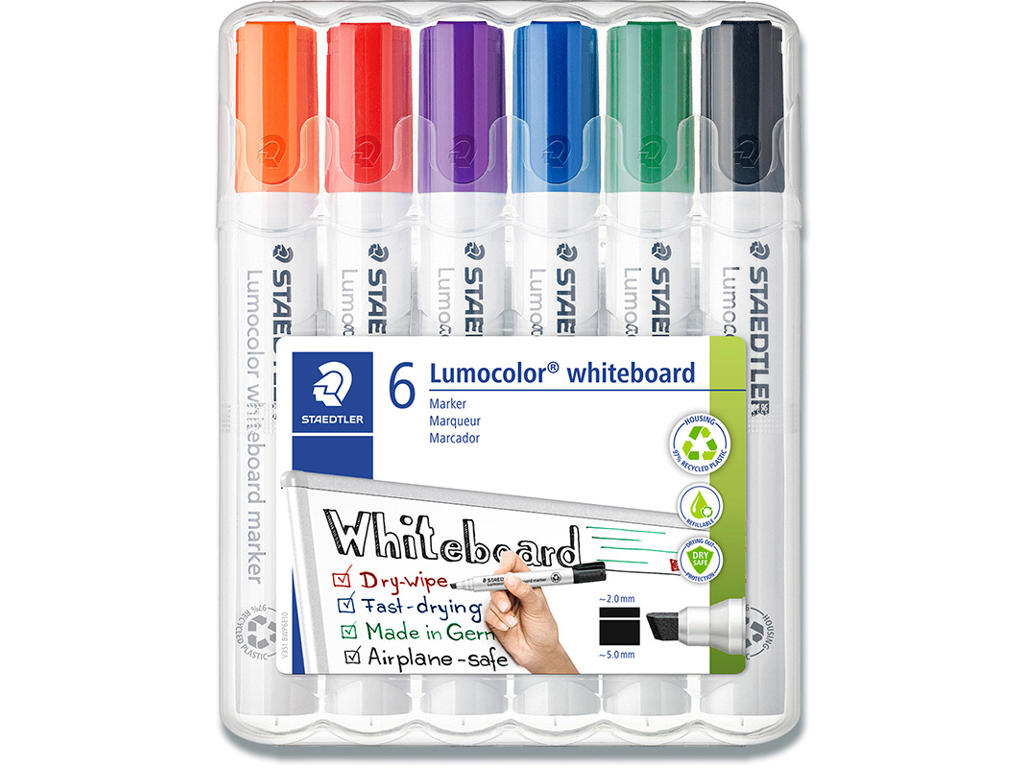 Whiteboard marker, Skrå spids, 6 farver, 2-5 mm, Staedtler Lumocolor 351