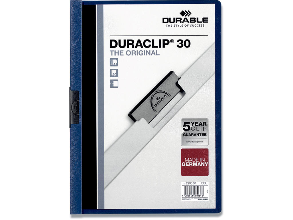 Klemmappe, 30 ark, Mørkeblå, Transparent forside, Durable DURACLIP 30