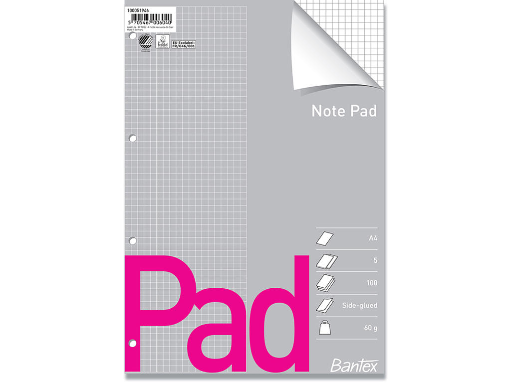 Papirblok, Kvadreret, A4, 5 blokke, Bantex Note Pad 