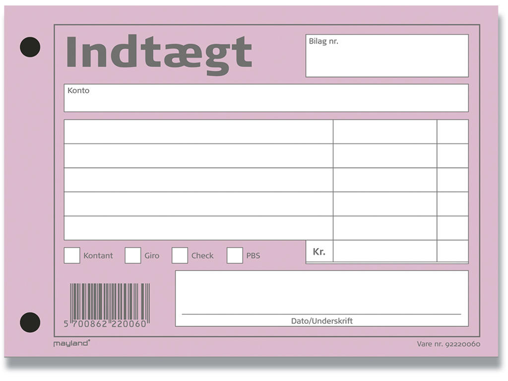Indtægtsbilag, Rosa, 100 ark, 148x100 mm, Mayland 