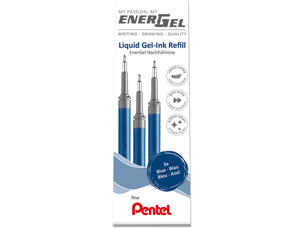 Rollerball gelpen refill, 0.5 mm, 0.25 mm, Blå, 3 stk, Pentel EnerGel LRN5-3C