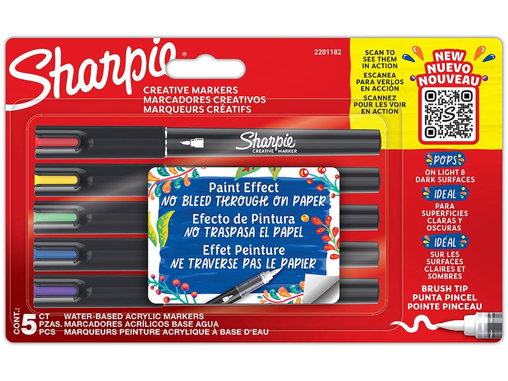 Marker, Brush tip, Assorterede farver, 5 stk, Sharpie Creative Acrylic