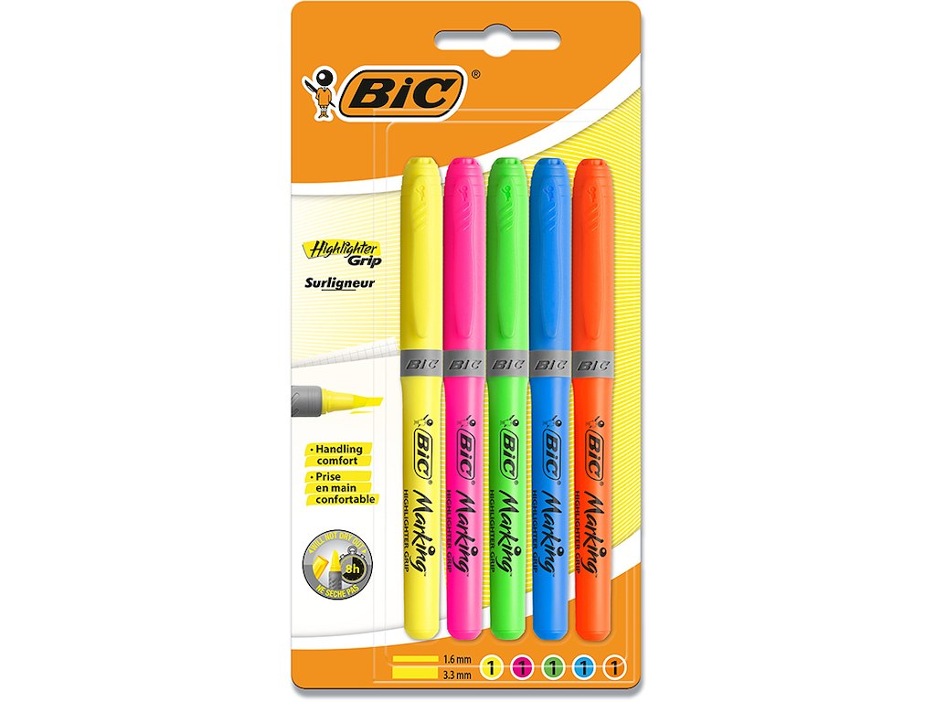 Tekstmarker, Permanent, Assorteret, 5 stk, BiC Brite Liner Grip 