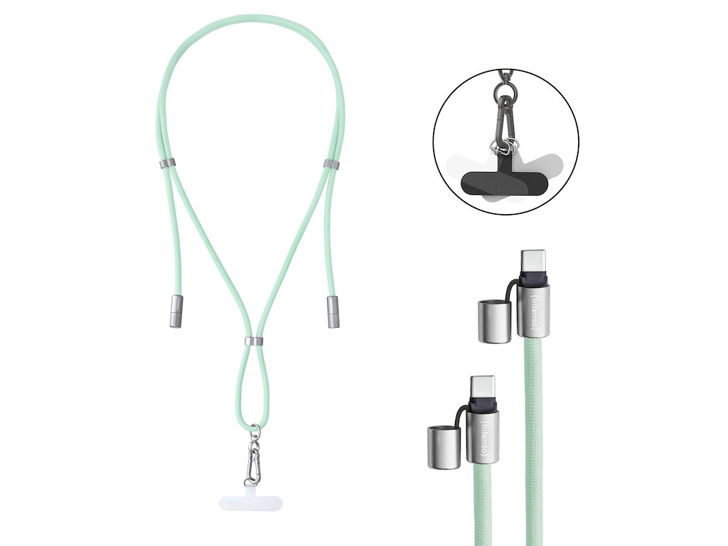 Intenso USB-C Charging Lanyard – Phone Necklace Cable, 60W Fast Charging, Adjustable Length, 1.65 m Nylon, USB-C to USB-C, green
