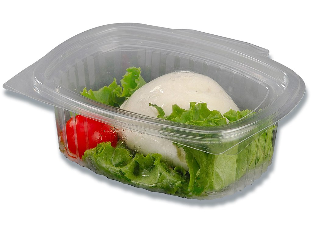 Plastbakke m/hængslet låg oval A-PET 250ml V00510P 50stk/ps