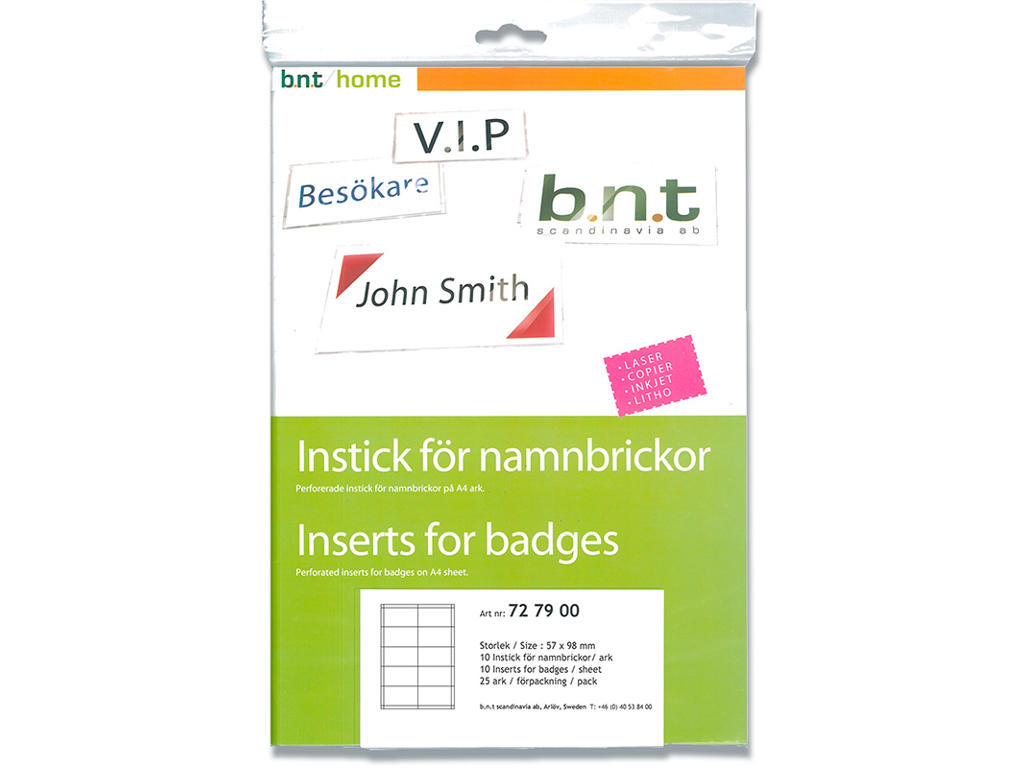 Indstik, Til navneskilte, 250 stk, 57x98 mm, BNT Office 