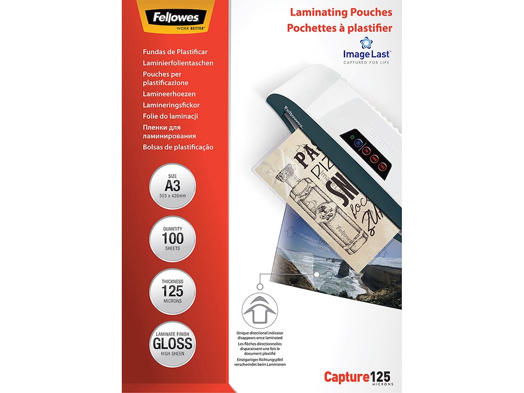 Lamineringslommer, A3, 125 micron, 100 stk, Fellowes Gloss
