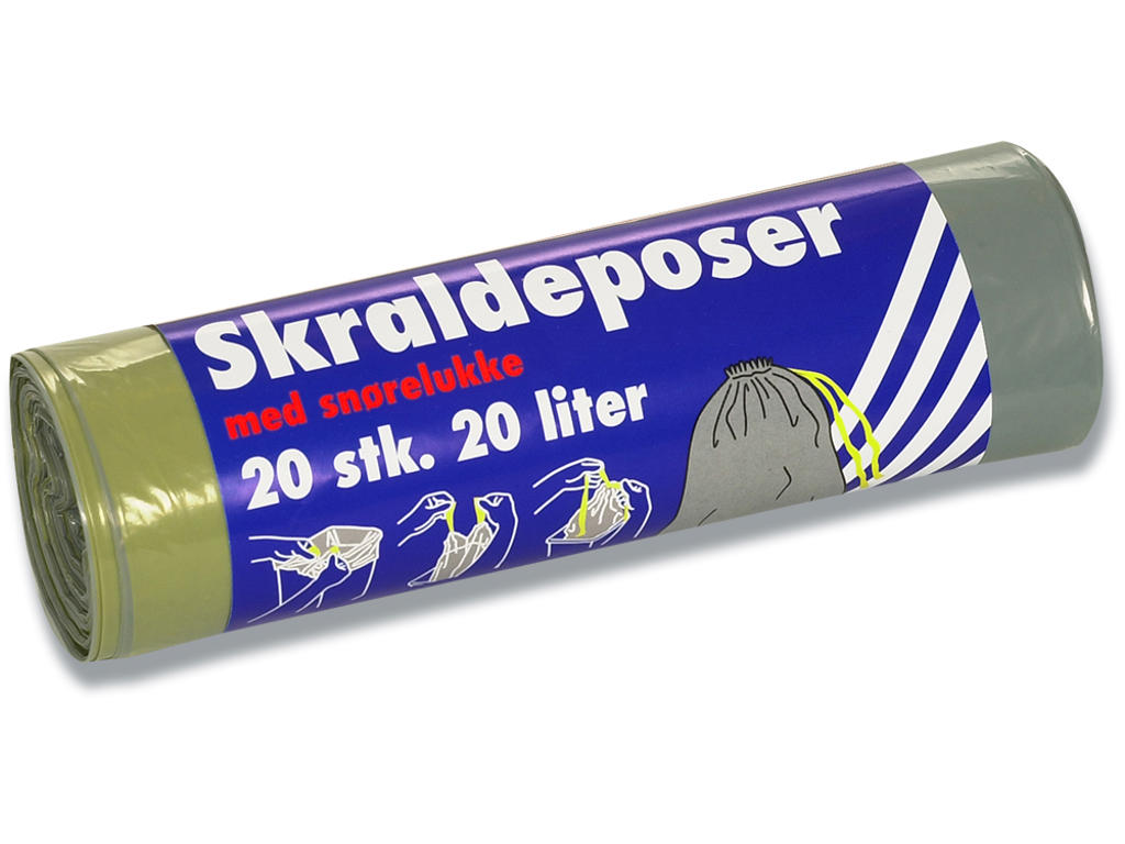 Affaldspose, Med snøreluk, 20 liter, 17 micron, Grå, 1 rulle, 20 poser pr rulle, Rul-Let