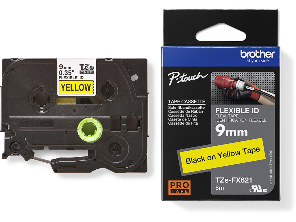 Labeltape, 9mm x 8m, Sort på Gul, 1 rulle, Brother P-Touch TZe-FX621