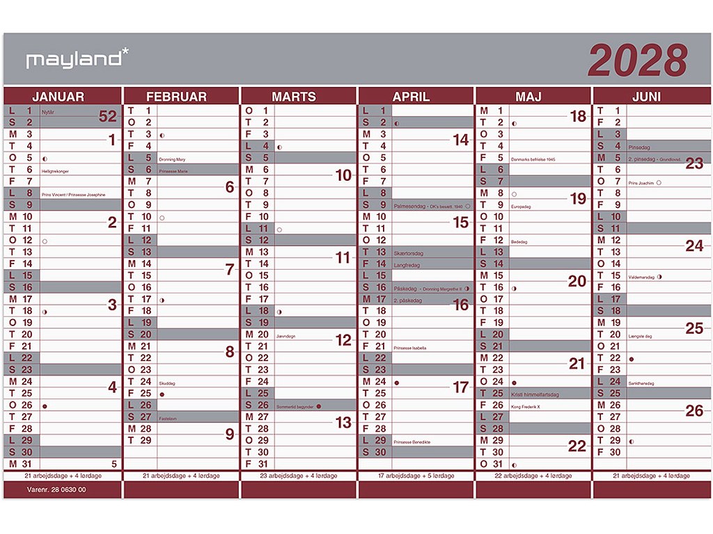 Vægkalender, 2028, Dobbelt, 6 måneder pr. side, Mayland