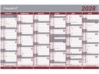 Vægkalender, 2028, Dobbelt, 6 måneder pr. side, Mayland