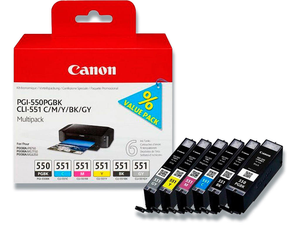 Blækpatroner, 6 stk, 6 farver, Canon PGI-550 og CLI-551