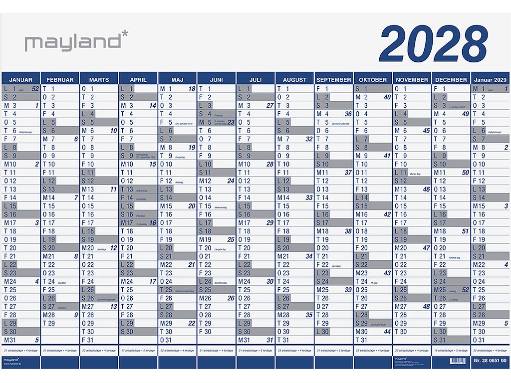 Vægkalender, 2028, Kæmpe, 13 måneder, 100x70 cm, Mayland
