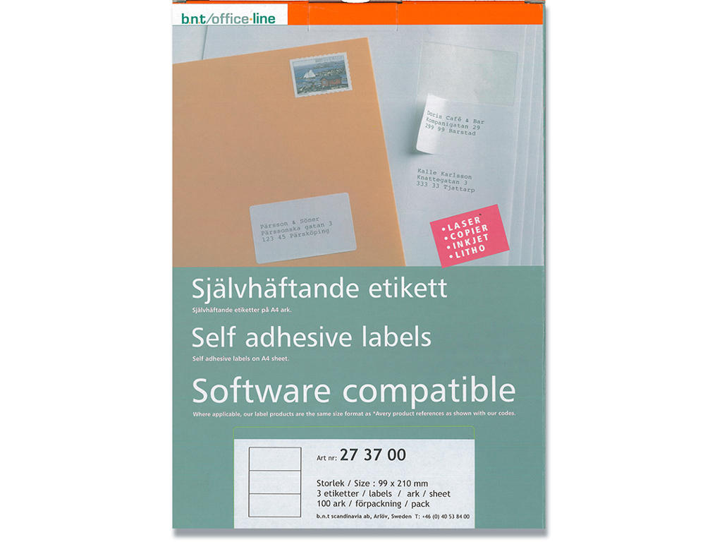 Etiketter, 99x210 mm, Hvid, 300 etiketter i alt, BNT Office 