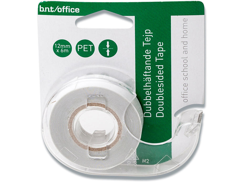 Tape - dobbeltklæbende, 12mm x 6m, Med engangsdispenser, 1 rulle, BNT Office 