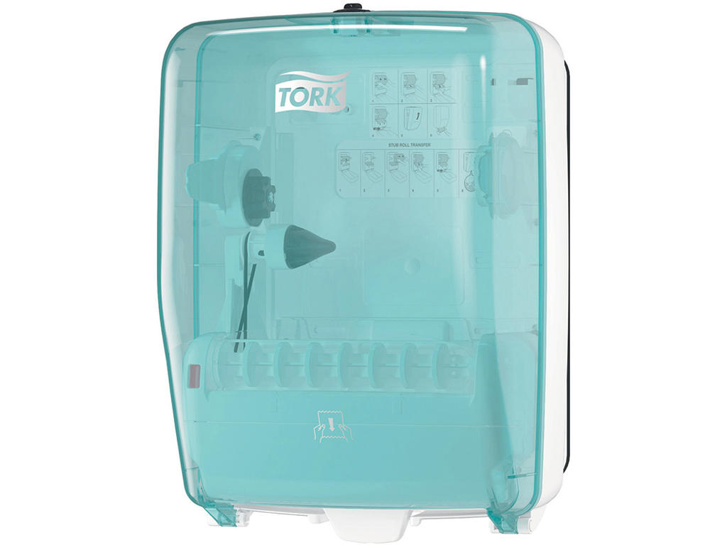 Aftørringsdispenser, Til aftørringsruller, Udvendig oprulning, Turkis-hvid, Tork Washstation W6