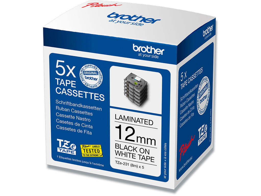 Labeltape, 12mm x 8m, Sort på Hvid, 5 ruller, Brother P-Touch TZe-231