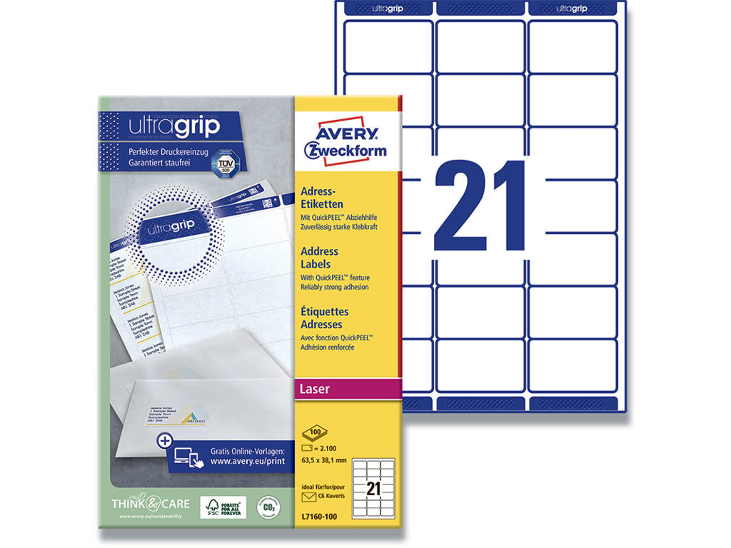 Etiketter, 63.5x38.1 mm, Hvid, 2100 etiketter i alt, Avery QuickPEEL & Ultragrip 