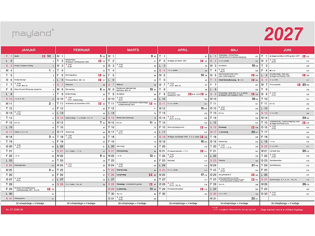 Vægkalender, 2027, Kontor, Flagdage, 6 måneder pr. side, Mayland