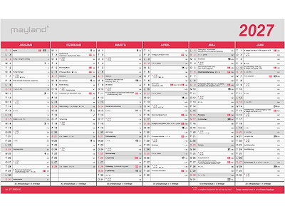 Vægkalender, 2027, Kontor, Flagdage, 6 måneder pr. side, Mayland