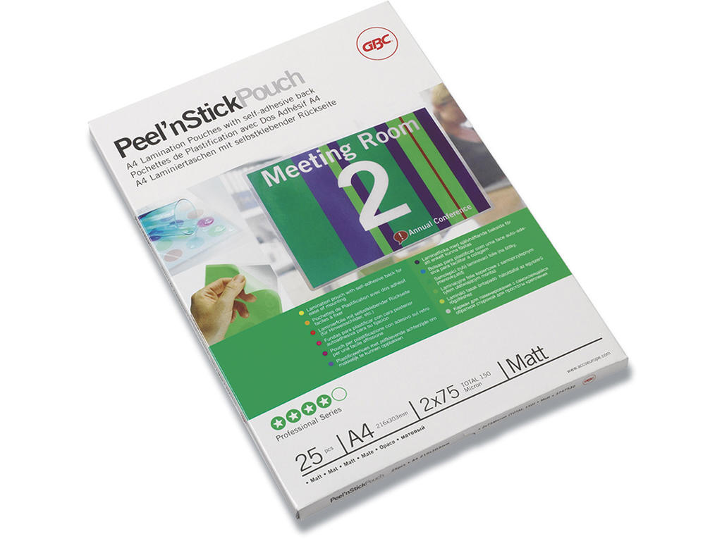 Lamineringslommer, A4, 216x303 mm, 75 micron, GBC Peel'n Stick 