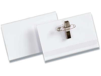 Navneskilt, Med klemme og sikkerhedsnål, 54x90 mm, 50 stk, Durable