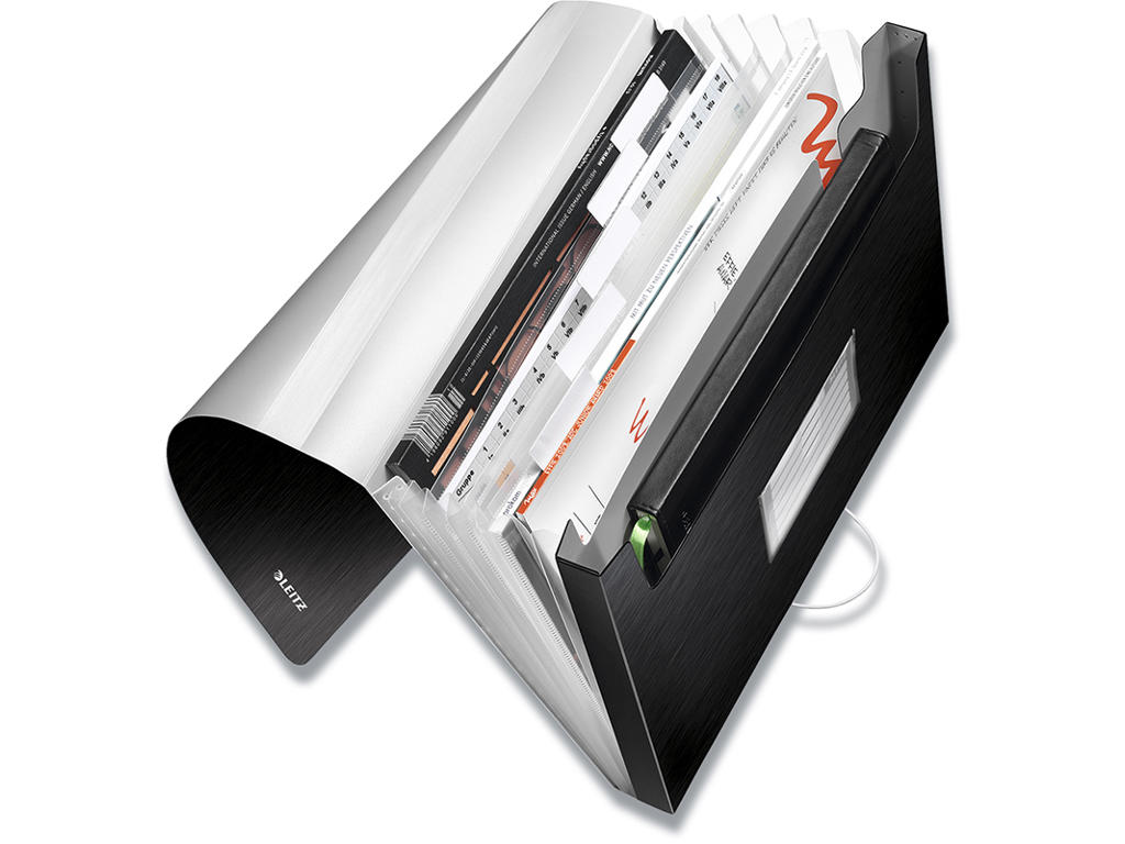 Projektmappe, 6 rum, 1 elastik, Satin sort, Leitz Style 