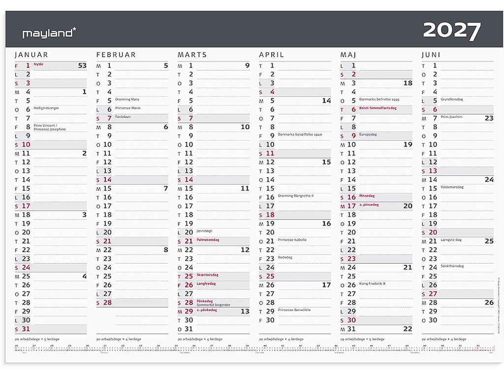 Vægkalender, 2027, A3, Kontor, 6 måneder pr. side, A3, Mayland