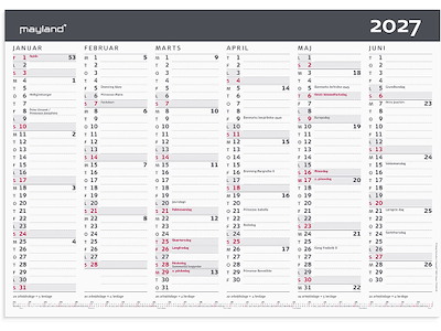 Vægkalender, 2027, A3, Kontor, 6 måneder pr. side, A3, Mayland