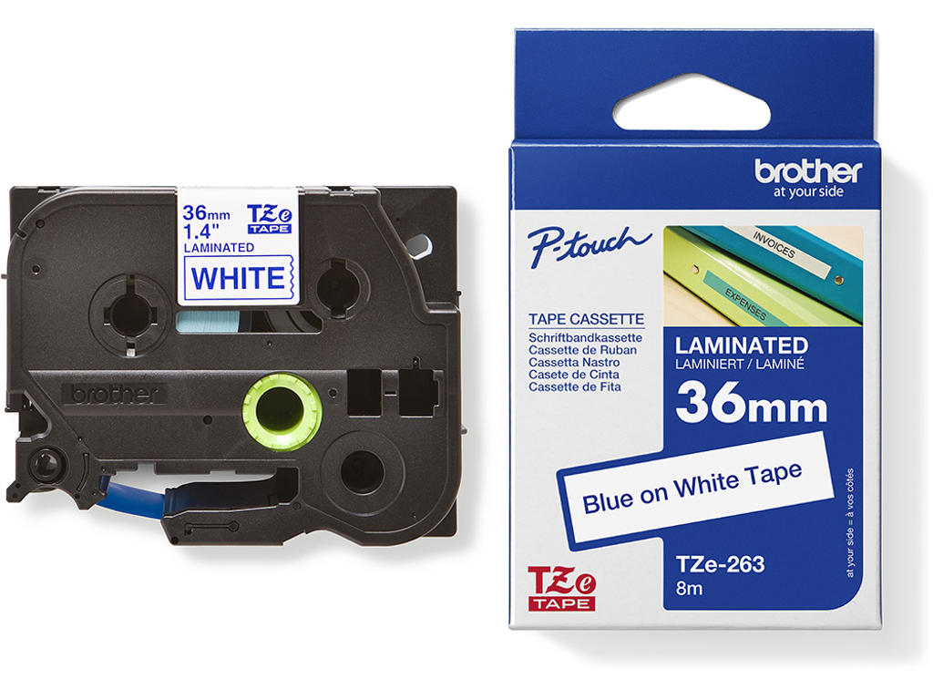 Labeltape, 36mm x 8m, Blå på Hvid, 1 rulle, Brother P-Touch TZe-263