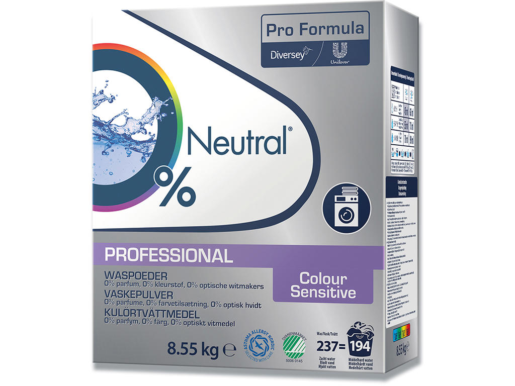 Vaskepulver, Kulørt, Uden farve og parfume, 8.55 kg, Neutral Professional