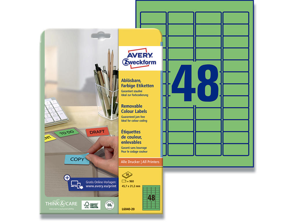 Etiketter, 45.7x21.2 mm, Grøn, 960 etiketter i alt, Avery 