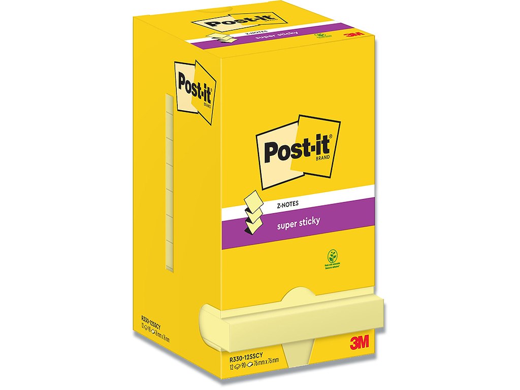 Memonotes, 76x76 mm, Gul, 12 blokke, Post-it Super Sticky Z-Notes