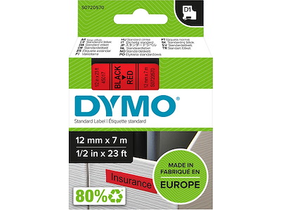 Labeltape, 12mm x 7m, Sort på Rød, 1 rulle, Dymo D1 45017