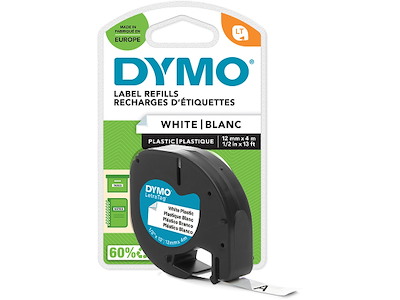 Labeltape, 12mm x 4m, Sort på Hvid, 1 rulle, Dymo LetraTag Plast